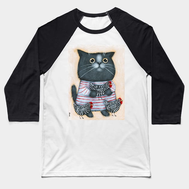 Cat and Chicken Friends Baseball T-Shirt by KilkennyCat Art